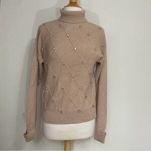NWT New Ontwelfth Tan Jewel Crisscross Turtleneck Stretch Knit Sweater Size M